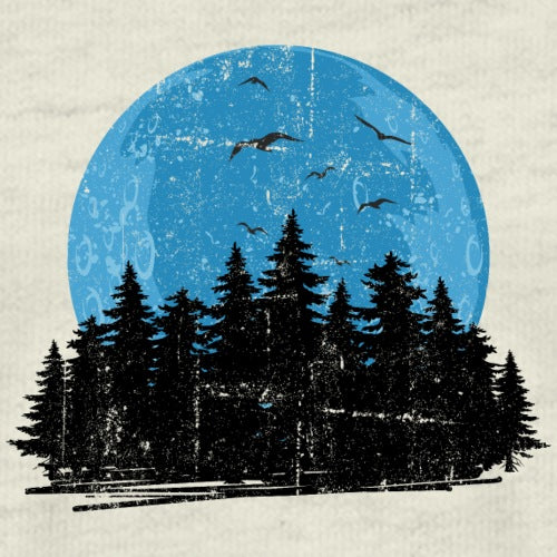 Moonlit forest graphic blending nature and cosmic calm.