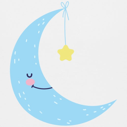 Cartoon moon with a smiling face and a yellow star hanging from it on a light gray background
