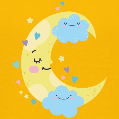 Cartoon moon and cloud design on a yellow background