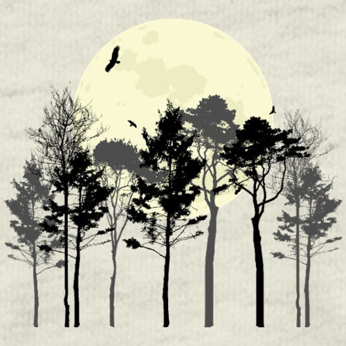 Moonlit forest graphic blending nature and cosmic beauty.