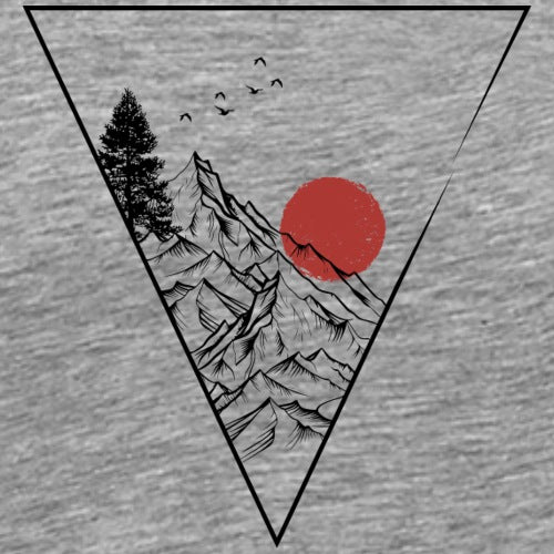 Triangular design with mountains, trees, and a red sun on a gray background