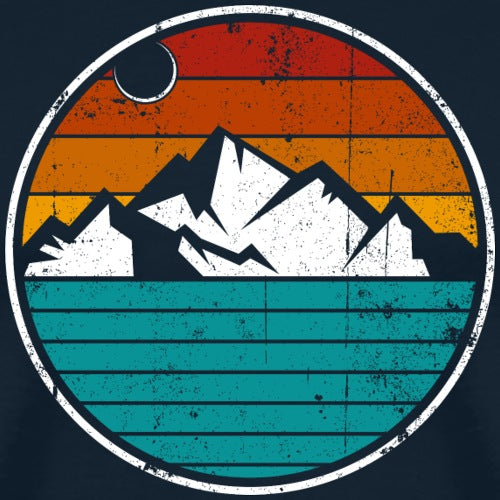 Circular design with mountains, sunset, and water on a dark background