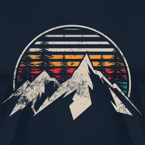 T-shirt design with mountains and a sunset over trees on a dark background