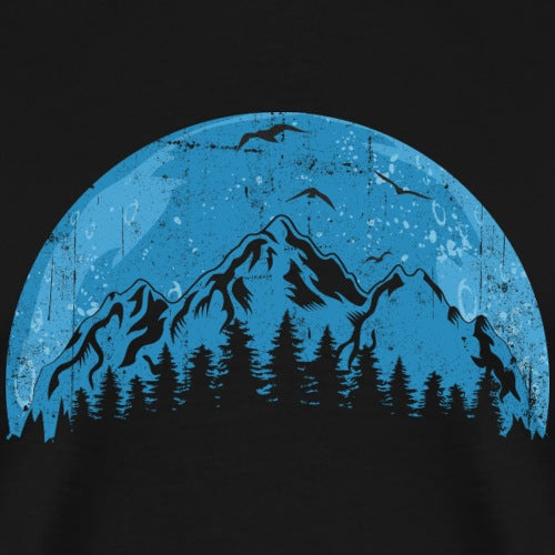 Black t-shirt with blue mountain and tree design on a black background