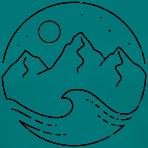 Outline of mountains, sun, and wave on a teal background