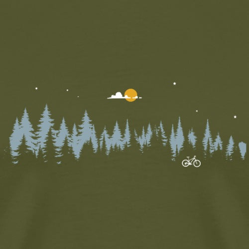 Silhouette of a cyclist among trees with a sunset in the background on a green t-shirt.