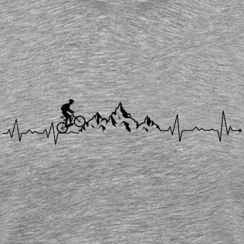 Gray t-shirt with a black silhouette of a cyclist and mountains, resembling a heartbeat line.