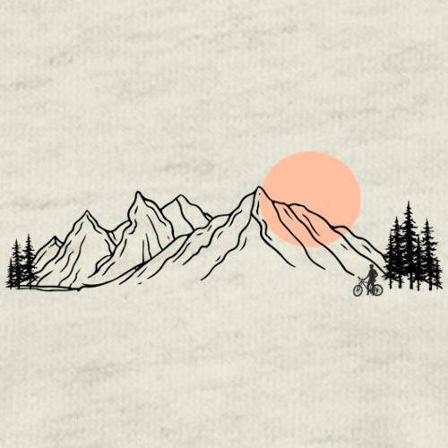 Illustration of a mountain landscape with a cyclist and a pink sun on a textured beige background.