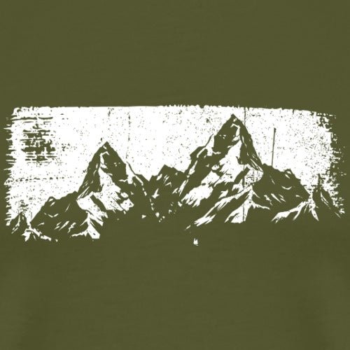 Vintage-style men’s premium t-shirt featuring hand-drawn mountain range design on green background, perfect for nature lovers and rugged outdoor fashion enthusiast