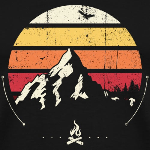 Vintage-style graphic with mountains, sunset, and campfire on a black background