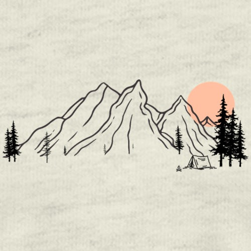 Line art of mountains with a tent and trees on a textured beige background