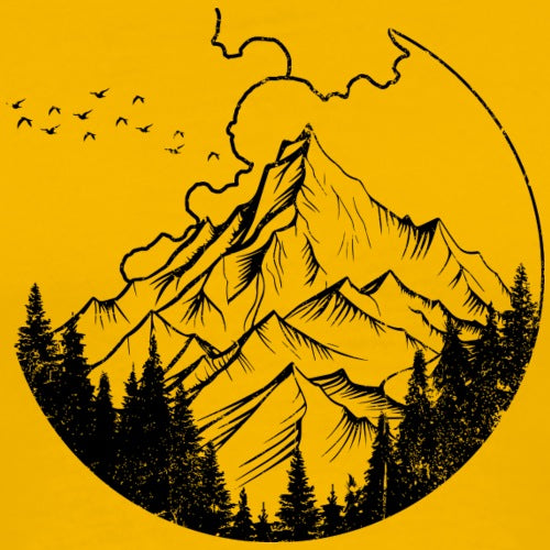 Black mountain and forest silhouette on a yellow background