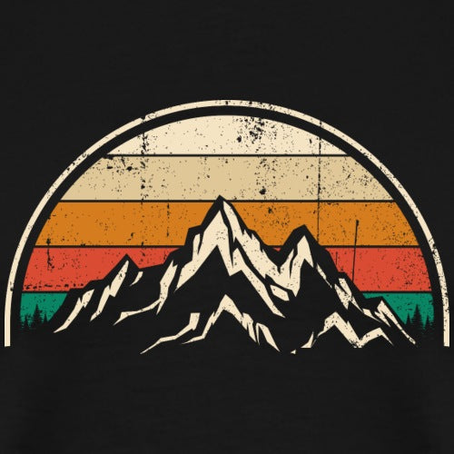Vintage-style mountain design with a colorful sunset in a circular frame on a black background.