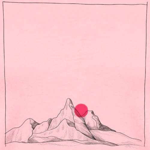 Simplified mountain illustration with a red circle on a pink background