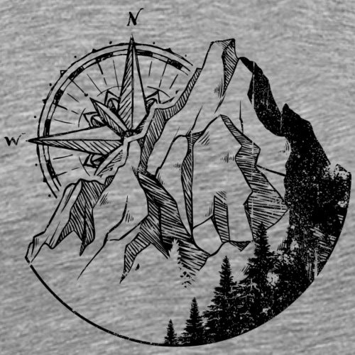 Black and white illustration of a compass and mountains on a textured gray background
