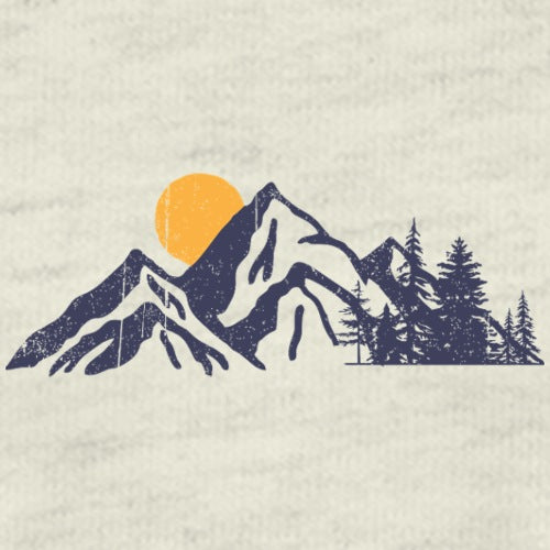 Mountain and tree silhouette with a sun on a textured beige background
