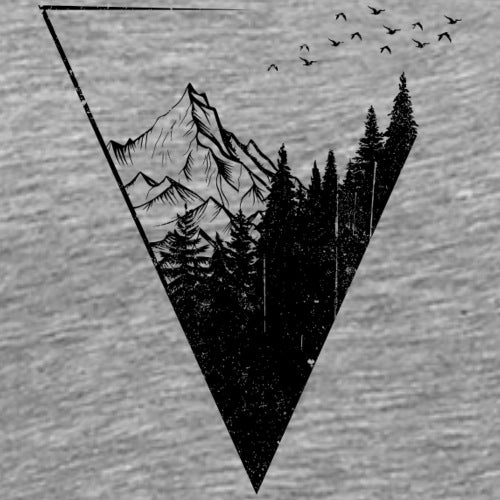 Triangular design with mountain and forest illustration on a gray background