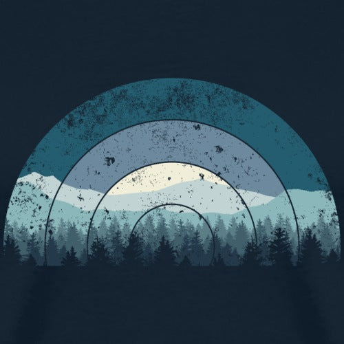 Circular design with mountains, trees, and a sunset on a dark blue background