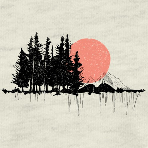 Black silhouette of trees and mountains with a pink sun on a textured beige background