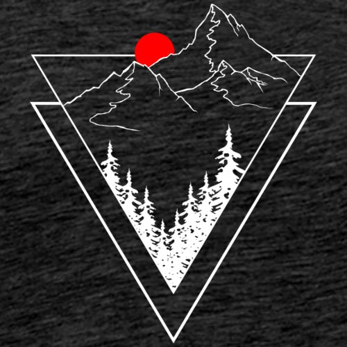 Mountain and forest design with a red dot inside a triangle on a black background