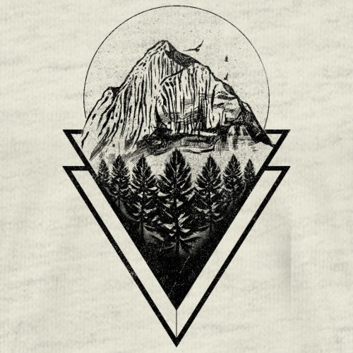 Black and white illustration of a mountain and forest within a geometric frame on a textured beige background.