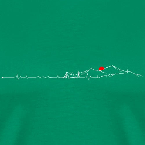 Green t-shirt with a white line art design of a mountain, tent, and red circle on a green background