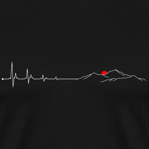 Heartbeat line with a mountain and red circle on a black background