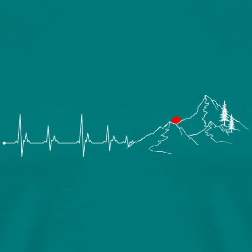 Heartbeat line graph with a mountain and red dot on a teal background