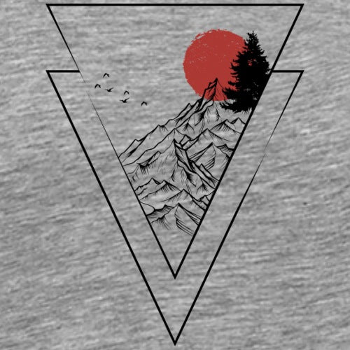 Gray t-shirt with a mountain and red sun design in a triangle on a gray background