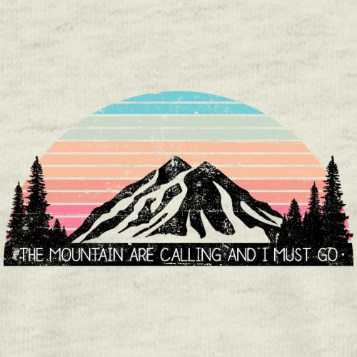 Mountain silhouette with a colorful sunset and text on a textured background