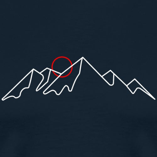 Outline of a mountain range with a red circle on a navy background
