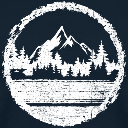 White mountain and forest design on a black background