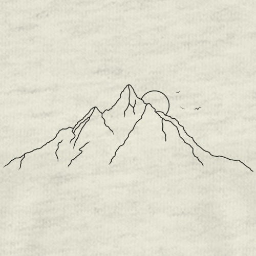 Line drawing of a mountain range with a sun on a textured beige background