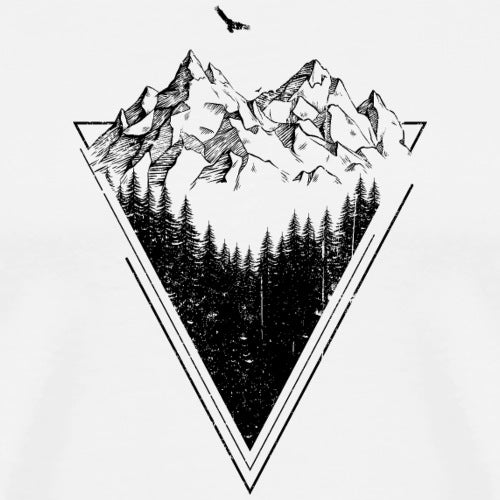 Black and white illustration of mountains and forest within a triangular frame on a white background.