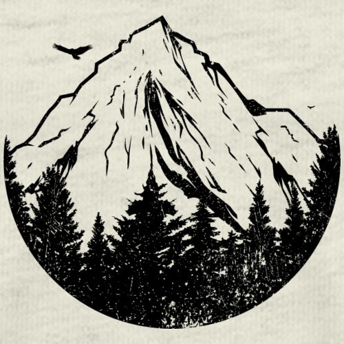 Black and white illustration of a mountain peak with trees