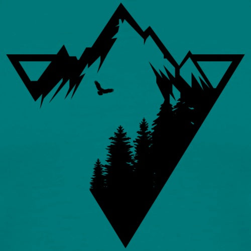 Black silhouette of mountains and trees on a teal background