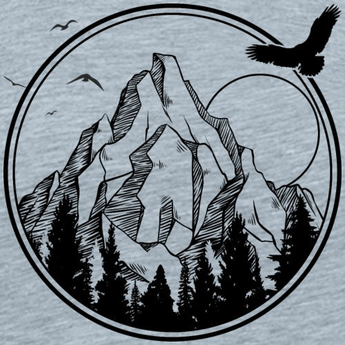 Mountain and forest design with an eagle in a circular frame on a light blue background
