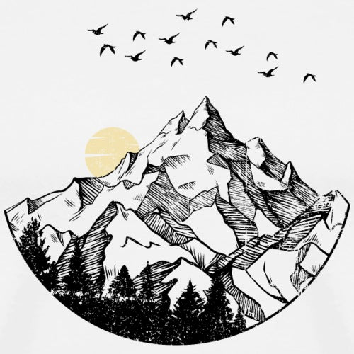 Black and white illustration of mountains with trees and birds flying above on a white background.