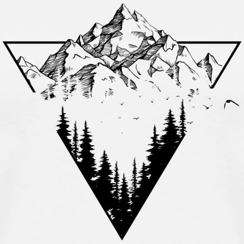 Black and white illustration of mountains and trees within a triangular frame on a light gray background