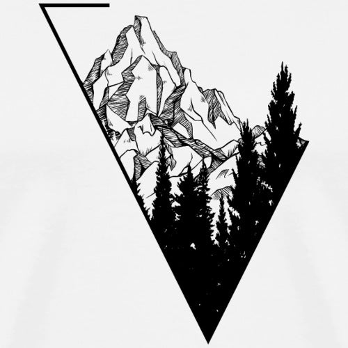 Black and white illustration of mountains and trees within a triangular frame on a white background