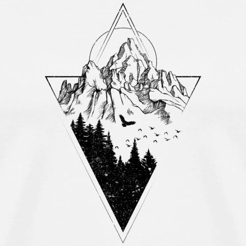 Black and white illustration of a mountain with trees and birds inside a geometric triangle on a white background.