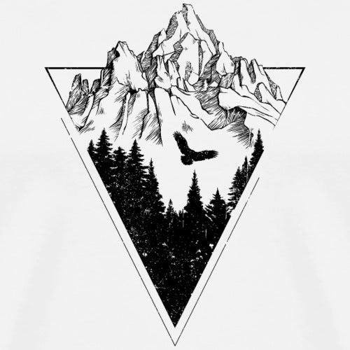 Black and white illustration of a mountain and forest within a triangle on a white background