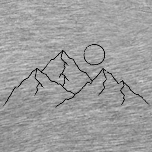Simple line drawing of mountains and a sun on a gray background