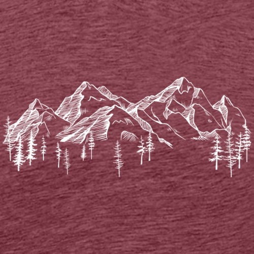 White mountain and tree illustration on a maroon background