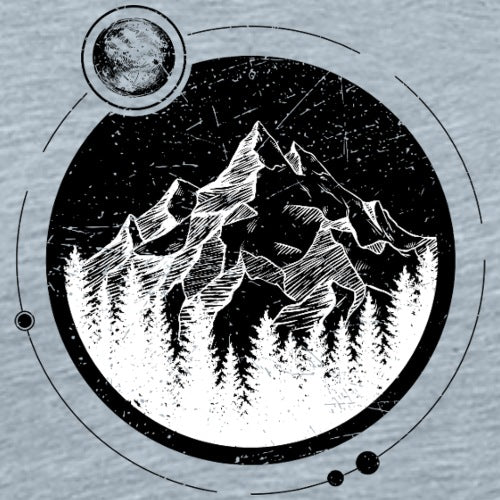 Minimalist mountain sketch with pine trees and crescent moon enclosed in a circular frame, printed on light blue t-shirt—ideal for nature lovers and outdoor-themed fashion