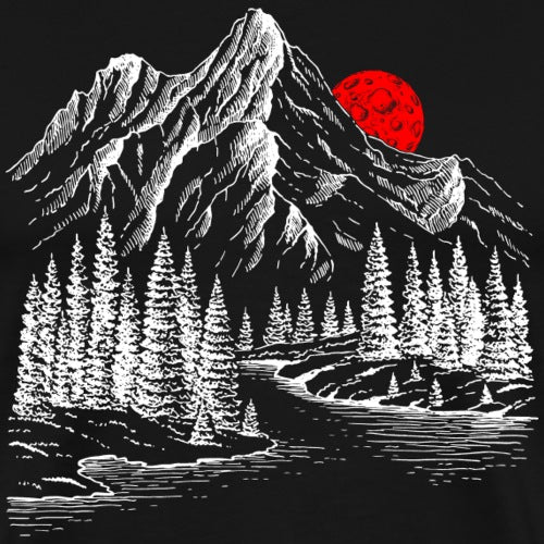 Black and white mountain landscape with a red sun