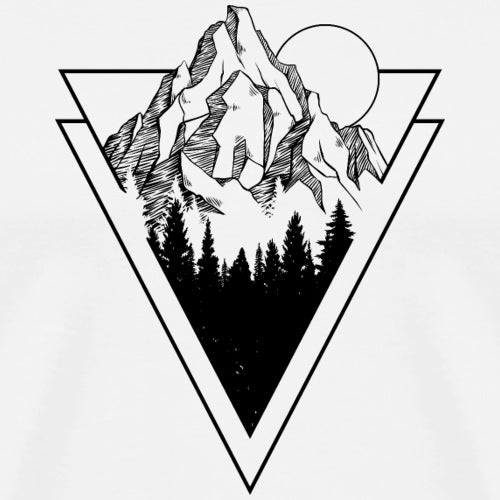 Black and white illustration of a mountain and trees within a triangular frame on a white background