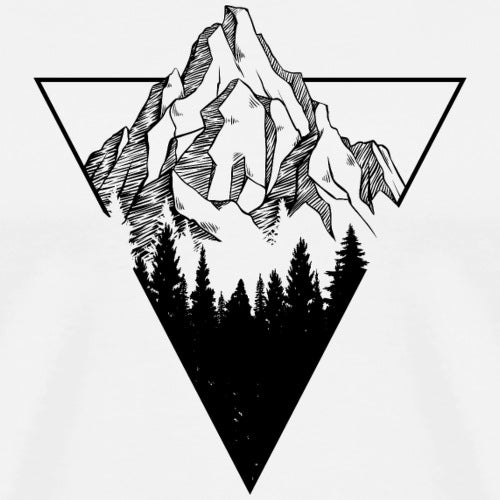 Black and white illustration of a mountain peak with trees inside a triangle on a white background