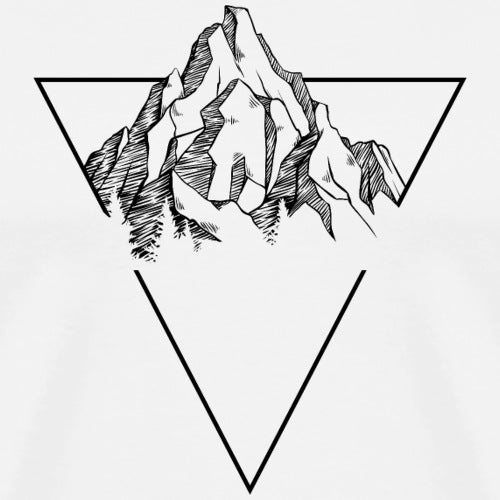 Black and white illustration of a mountain peak within a triangle on a white background