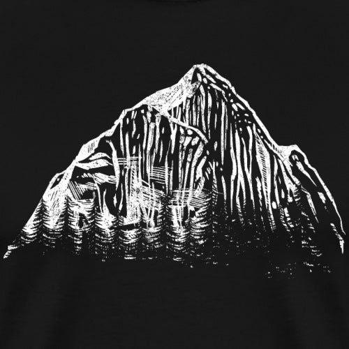 Black t-shirt with a white mountain graphic on a black background